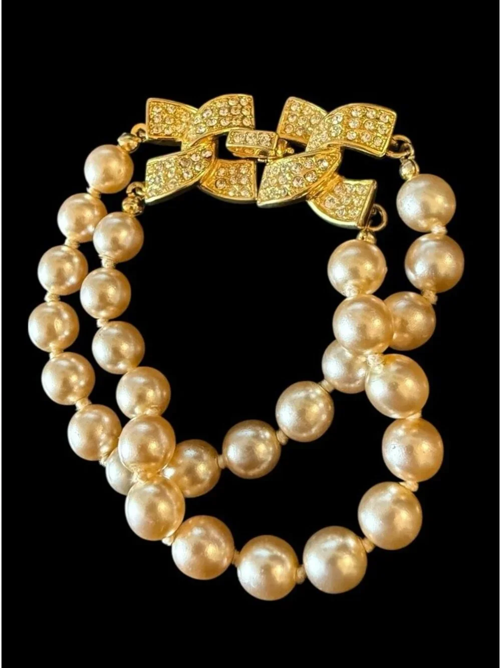 Vintage KJL Kenneth Jay Lane Pave Rhinestone Cream Pearls Bead Bracelet 7" - Picture 5 of 7